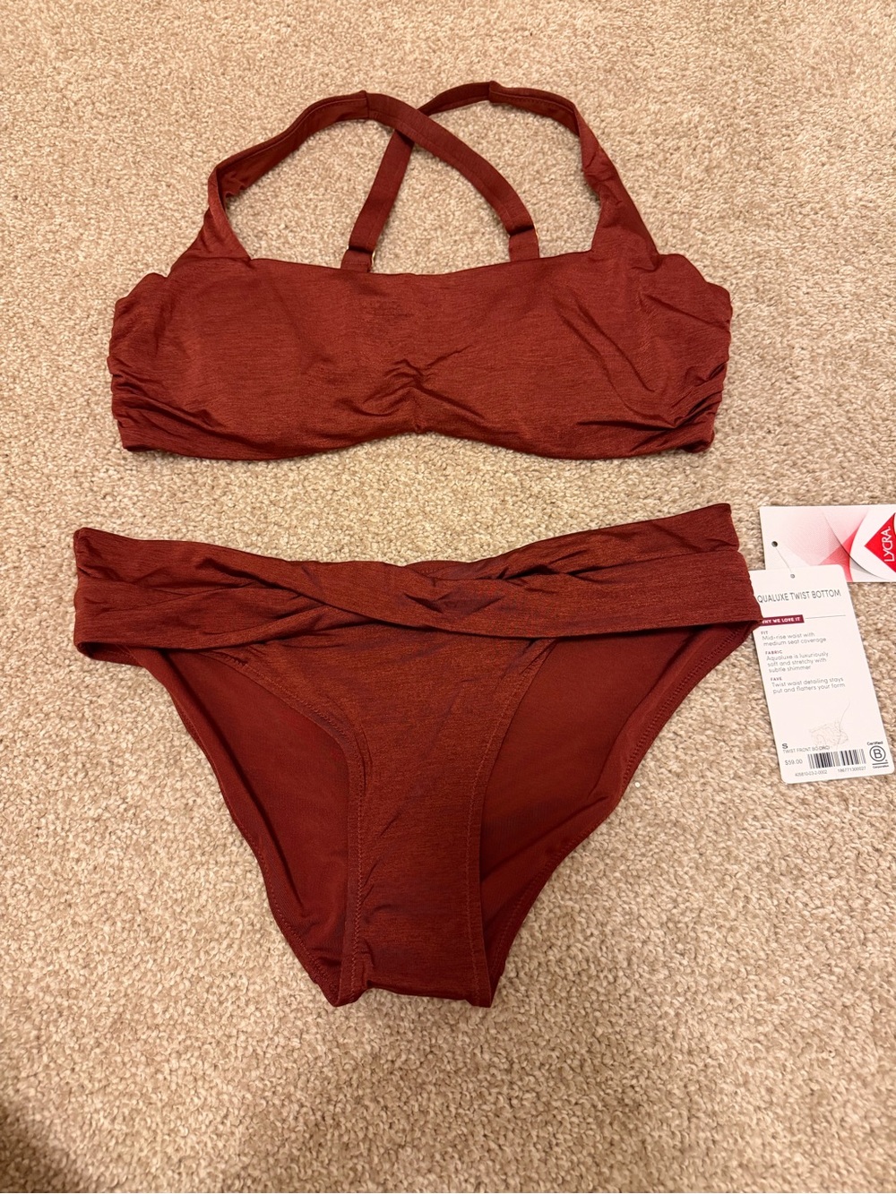 Athleta Aqualuxe Bikini Set cinnamon brown size 36B/C small NEW